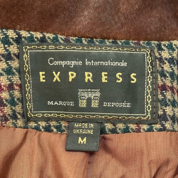 VINTAGE Y2K Express 2 Wool Leather Houndstooth Brown Red Blazer Jacket Medium - Picture 4 of 7